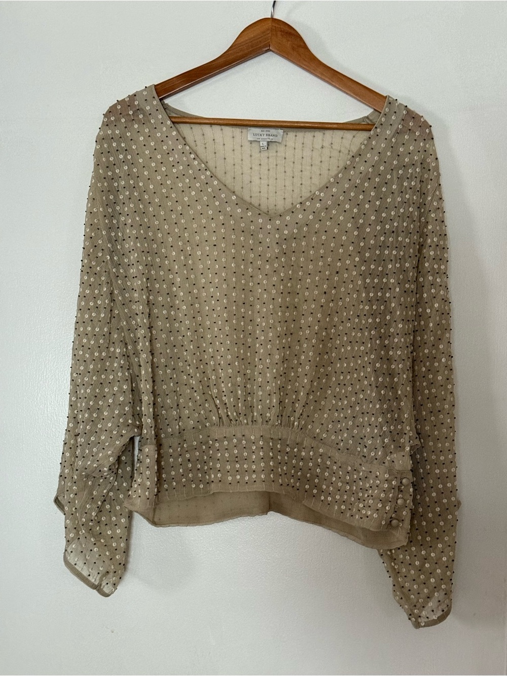 Lucky Brand Taupe Beaded V-Neck Blouse